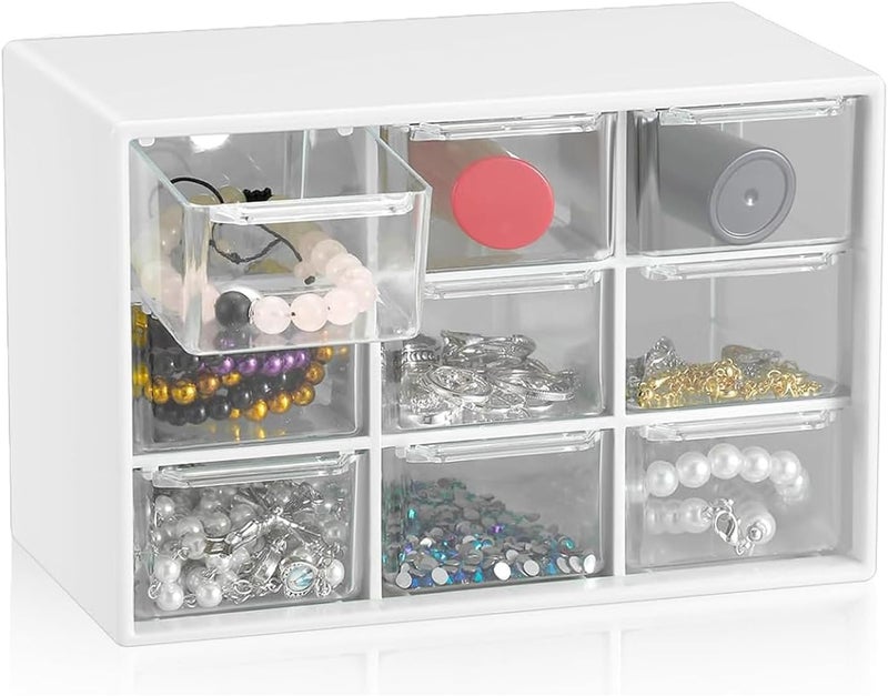 LIPCHEEGO 6 Pcs Small Drawer Organizer for Desk, Mini Desktop Drawer Organizer with 9 Clear Drawers, Plastic Desktop Craft Storage Box for Desk Office School Home 7.1" x 3. 8" x 4.6" (White) - Image 2